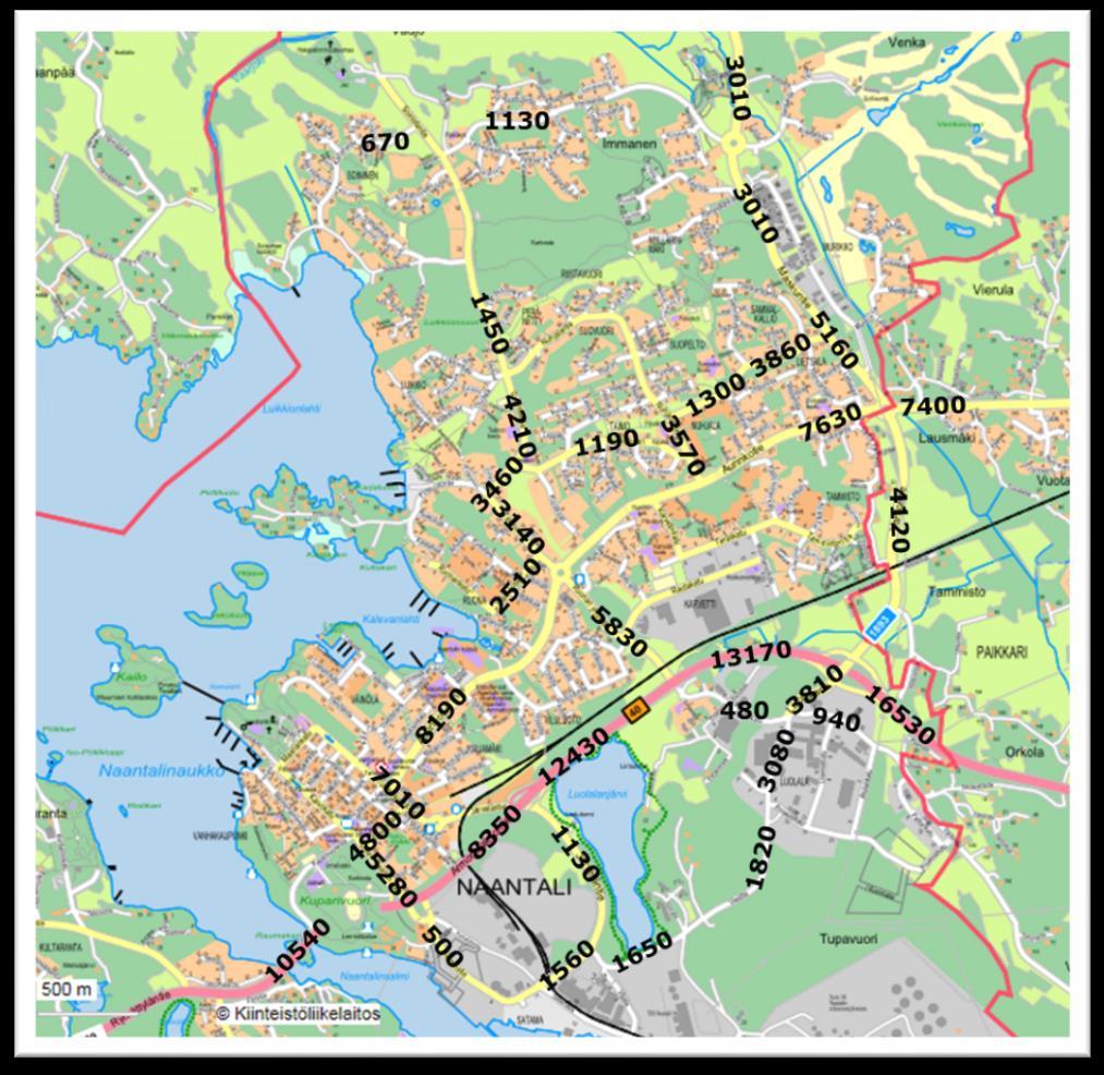 FCG SUUNNITTELU JA TEKNIIKKA OY Raportti 4 (10) KUVA 3. Naantalin kaupungin toimittamia liikennemääriä, KVL. 4.2 Raideliikenne Raideliikennetiedot ennustetilanteeseen vuodelle 2035 saatiin VR Oy:ltä.