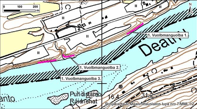 2 sekä 1.3 samaan kuvaukseen. Vuoden 1999 tarkastelusta poiketen tässä tarkastelussa jokainen kohde on kuvattu erikseen, omana kohteenaan. 4.1.1 Vuolbmanguolba 1 Kohde on 10 m korkea ja 130 m pitkä (Kuva 1).