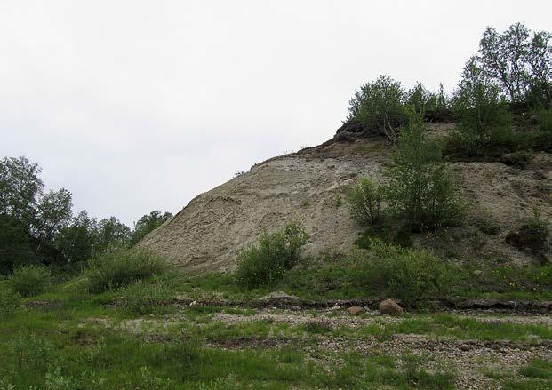 Kuva 3. Vuolbmanguolba 2 -kohde on avoin, jyrkkärinteinen ja maa-aines on hienojakoista. Kuva: A. Kurkela. 4.1.2 Vuolbmanguolba 2 Kohde on 15 m korkea ja 120 m pitkä.