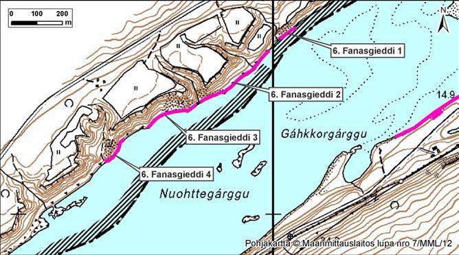 4.6 Fanasgieddi Kuva 13. Fanasgieddi, Norja, Tana. Fanasgieddin kohteet 1, 2, 3 ja 4 sijaitsevat Norjassa, Tanan kunnassa noin 2 km Norjan Hillagurra -kylästä Karasjoelle päin (Kuva 13).