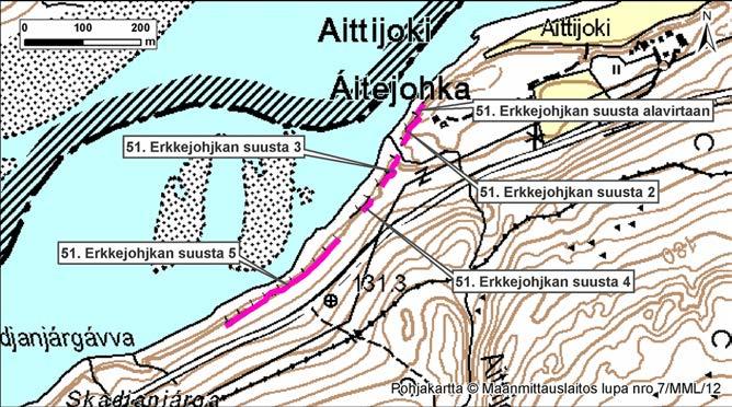 4.51 Erkkejohkan suusta alajuoksulle päin 1, 2, 3, 4 ja 5 Kuva 174. Erkkejohkan suusta alavirtaan 1,2,3,4 ja 5, Suomi, Utsjoki. Kuva 175. Erkkejohkan kohteet ilmakuvassa. Kuva: G. Kristiansen.