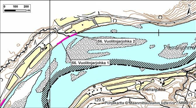 4.56 Vuolitnjarjohkan suulta 10 12 m ylävirtaan Kuva 189. Vuolitnjarjohka 1 ja 2, Norja, Karasjoki. Kuva 190. Vuolitnjarjohkan kohteet ilmakuvassa. Kuva: G. Kristiansen.