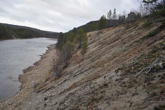 Rinteen alimmassa osassa tapahtuu aktiivista eroosiota. Jyrkän rinteen alaosassa on jonkin verran eroosiota ja niukasti kasvipeitettä (Kuva 230).