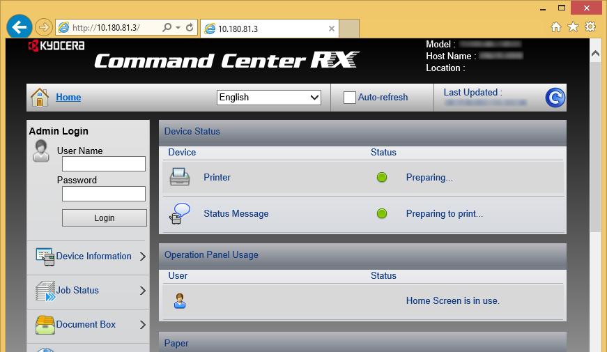 Koneen asennus ja asetukset > Command Center RX Pääsy Command Center RX 1 Avaa näyttö. 1 Käynnistä verkkoselain. 2 Kirjoita osoite- tai sijaintiriville koneen IP-osoite tai isäntänimi.