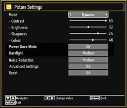 Configuring Picture Settings You can use different picture settings in detail. Press MENU button and select the Picture icon by using or button. Press OK button to view Picture Settings menu.