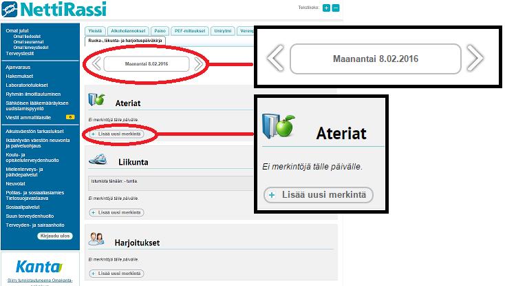 Esim. 2 Ruoka-, liikunta- ja harjoituspäiväkirja. Ruokapäiväkirjaa on hyvä pitää yksi viikko.