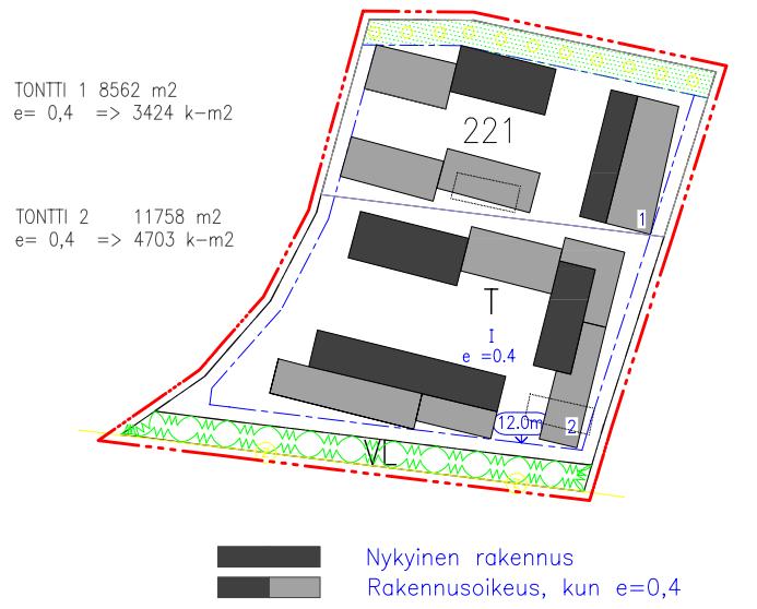 Uusi tehokkuusluku e= 0,4. Muutos perustuu havainnekuviin, joissa tutkittiin tehokkuusluvun vaikutusta tontin käytettävyyteen.