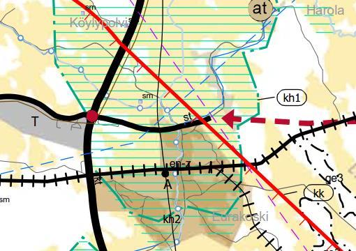 Ote Satakunnan maakuntakaavasta (1:100 000). Punainen rengas kuvaa suunnittelualueen sijaintia.