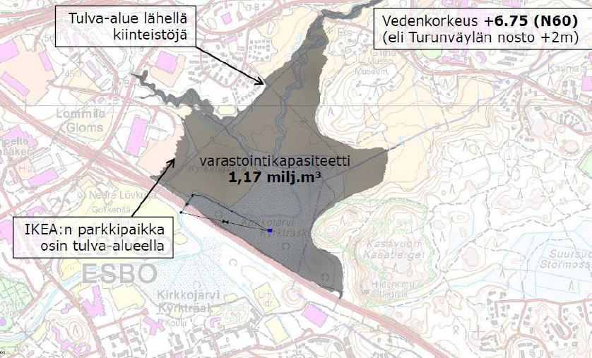 Tulvasuojelu Tulokset: Riittävän suuren tulva-alueen toteuttaminen virtaamien tarvittavaksi rajoittamiseksi ei ole mahdollista Turunväylän pohjoispuolella.