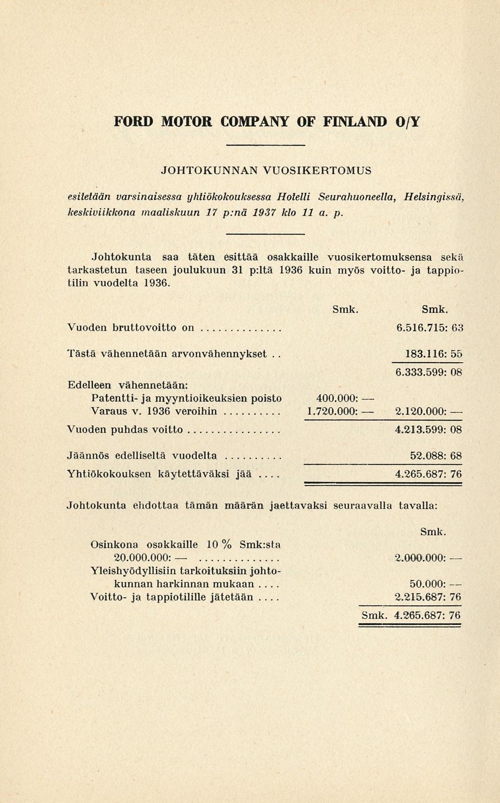 4.265.687: FORD MOTOR COMPANY OF FINLAND O/Y JOHTOKUNNAN VUOSIKERTOMUS esitetään varsinaisessa yhtiökokouksessa Hotelli Seurahuoneella, Helsingissä, keskiviikkona maaliskuun 17 p: