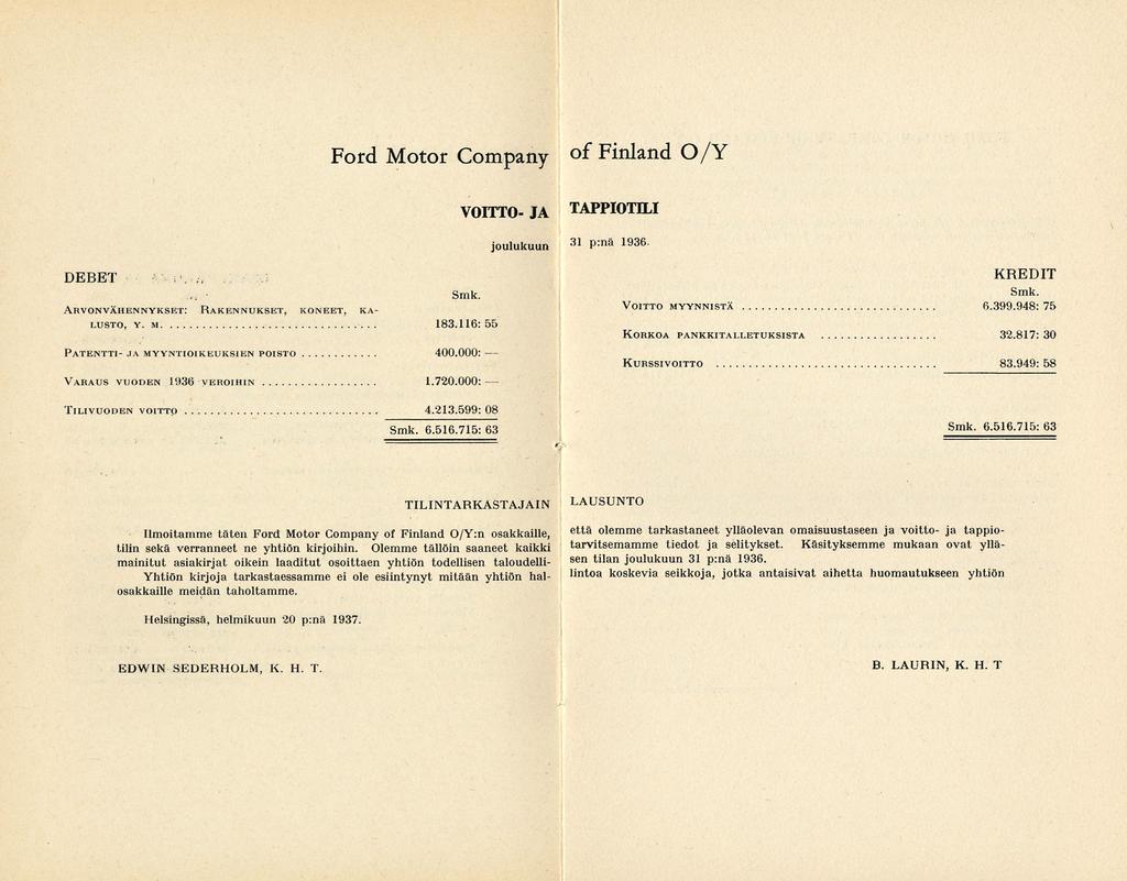 Ford Motor Company of Finland O/Y VOITTO- JA joulukuun DEBET Smk. Arvonvähennykset: Rakennukset, koneet, ka lusto, y. m 183.116: 55 Patentti- ja myyntioikeuksien poisto 400.