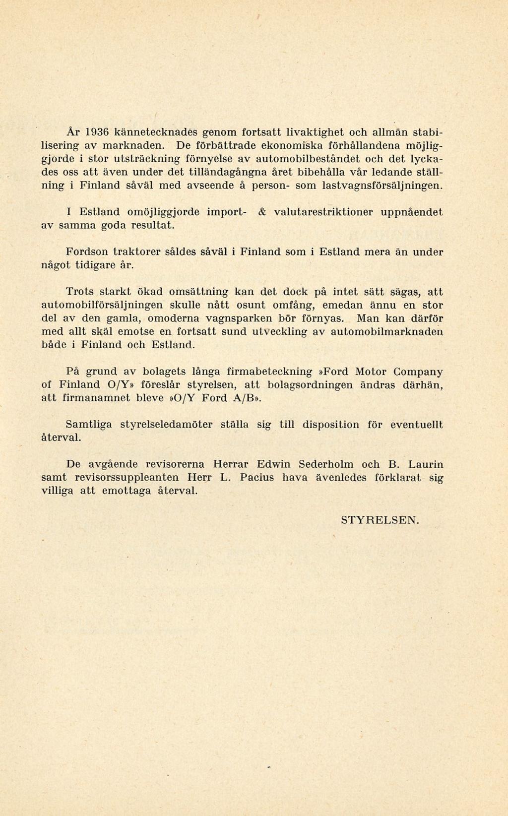 År 1936 kännetecknades genom fortsatt livaktighet och allmän stabilisering av marknaden.
