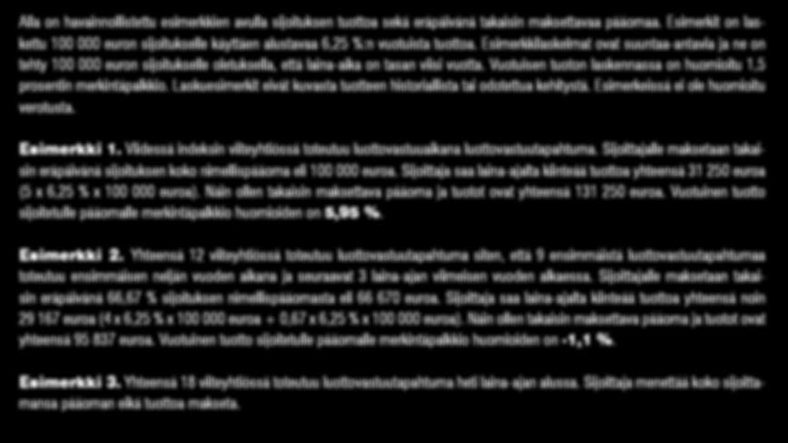 Esimerkkilaskelmat ovat suuntaa-antavia ja ne on tehty 100 000 euron sijoitukselle oletuksella, että laina-aika on tasan viisi vuotta.