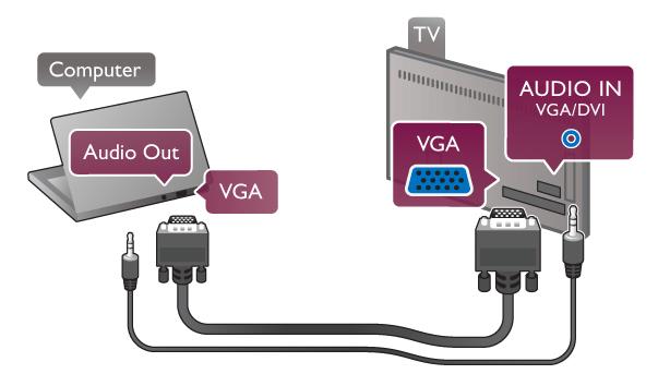 VGA-liitäntä Liitä tietokone television takaosan VGA-liitäntään VGAkaapelilla ja käytä Audio L/R -kaapelia VGA Audion liittämiseen AUDIO IN - VGA/DVI -liitäntään.