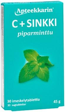 toimintaa edistävää sinkkiä. Sisältää hyvin imeytyvää sinkkiasetaattia. Karpalo tai piparminttu. 30 5 00 tabl. 0,17 /kpl (Norm.