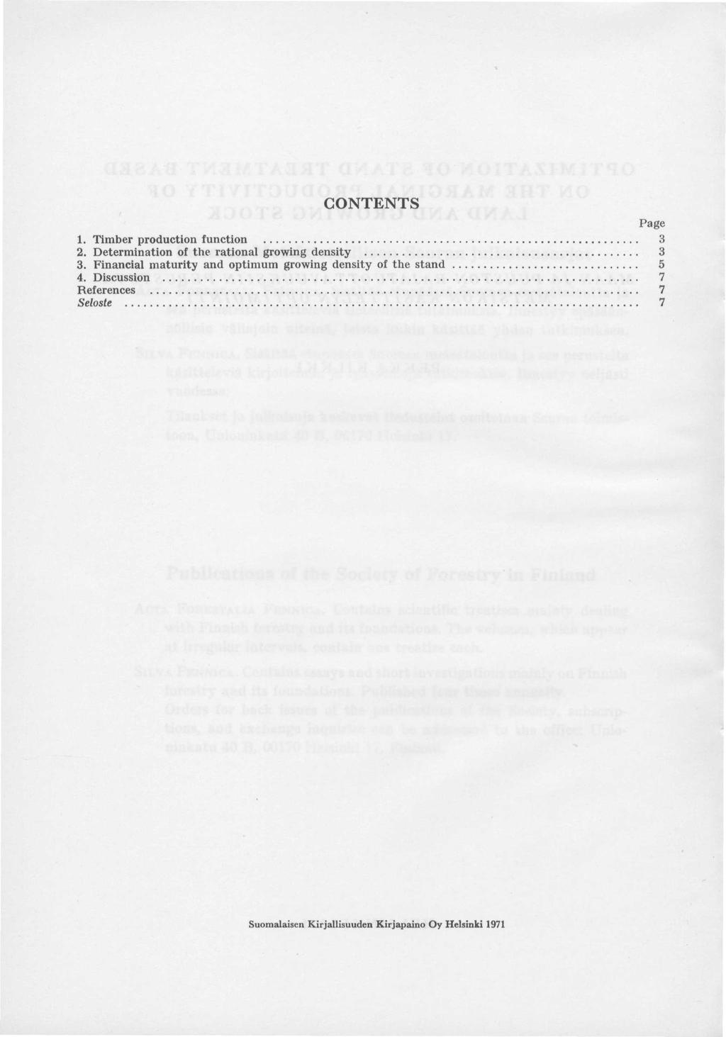 CONTENTS Page 1. Timber production function 3 2. Determination of the rational growing density 3 3.