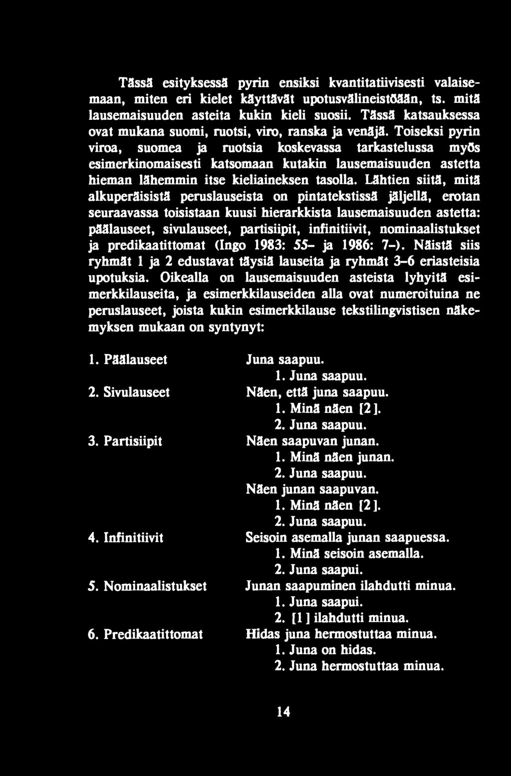 infinitiivit, nominaalistukset ja predikaatittomat (Ingo 1983: 55- ja 1986: 7-). Näistä siis ryhmät 1 ja 2 edustavat täysiä lauseita ja ryhmät 3-6 eriasteisia upotuksia.