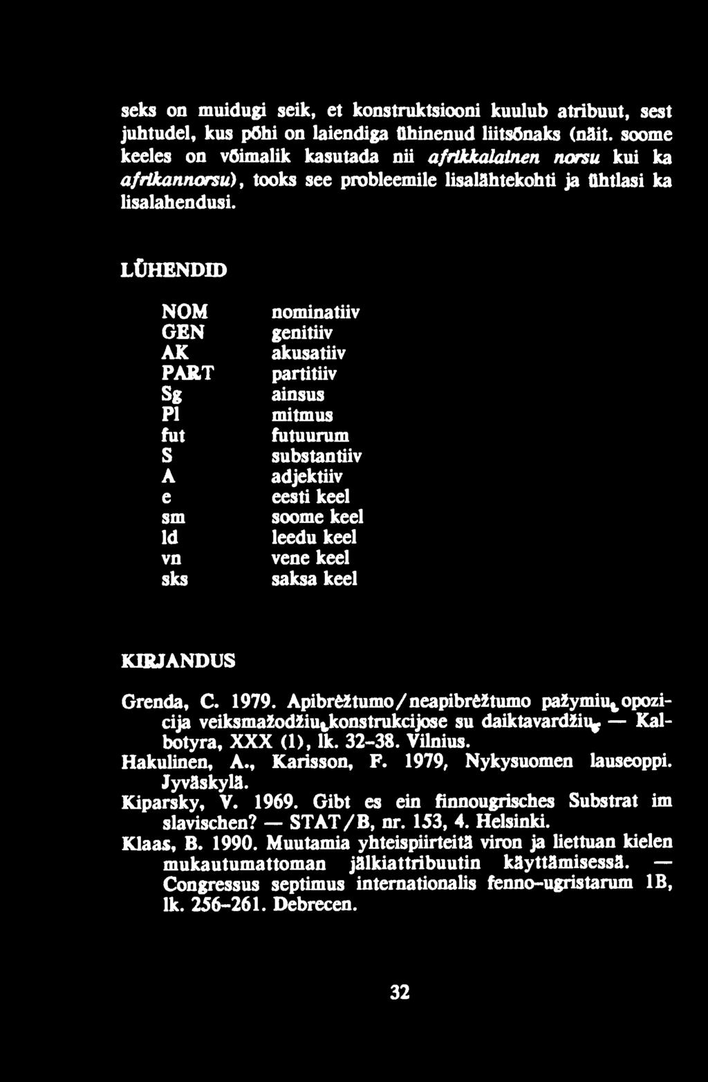 Apibröžtumo/ neapibrfcžtumo pažymiu^opozicija veiksmažodžiu^konstrukcijose su daiktavardžiu, Kalbotyra, XXX (1), lk. 32-38. Vilnius. Hakulinen, A., Karisson, F.