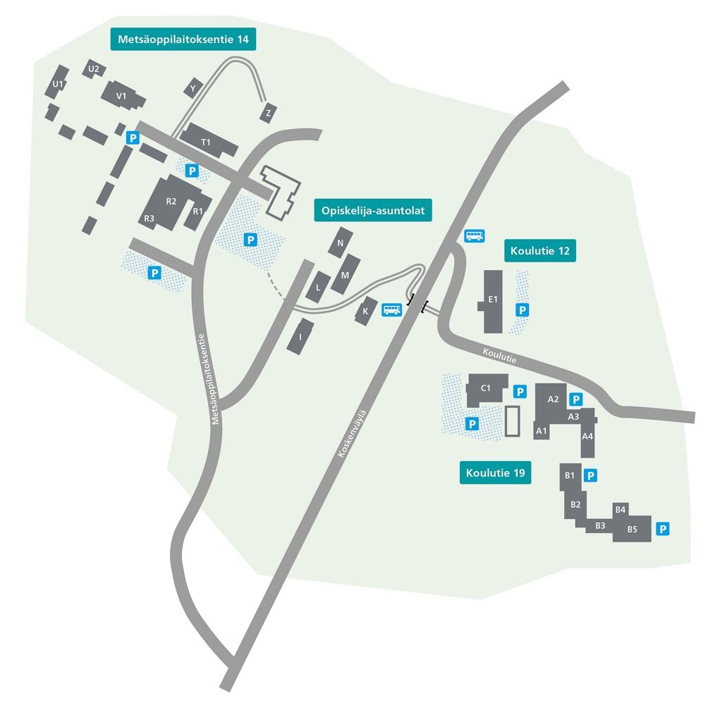 Myllymäen kampus Metsäoppilaitoksentie 14 Metsäala Logistiikka-ala Puutarha-, luonto- ja ympäristöala Rakennusala Koulutie 12 Sosiaali-, terveys- ja liikunta-ala Humanistinen ja kasvatusala Koulutie