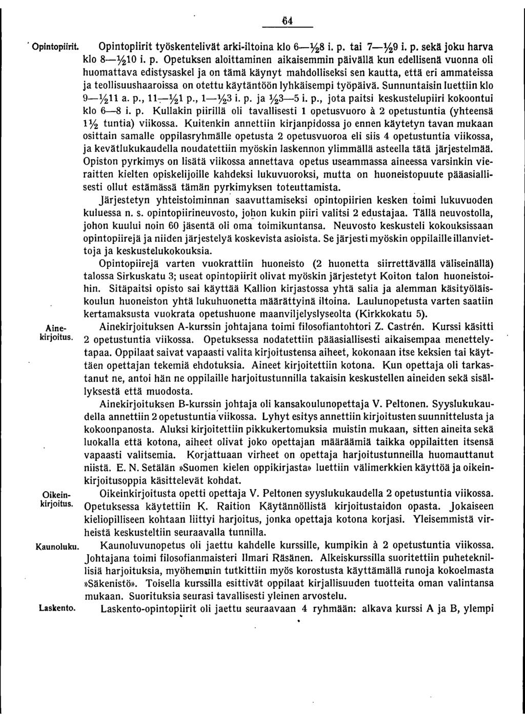 . Opintopiirit. OpintopIirit työskentelivät arki-iltoina klo 6-%8 i. p.