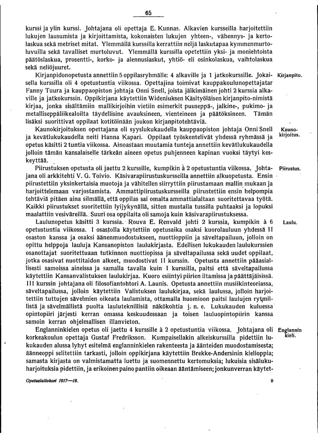 65 Kirjanpito. kurssi ja ylin kurssi. johtajana oli opettaja E. Kunnas.