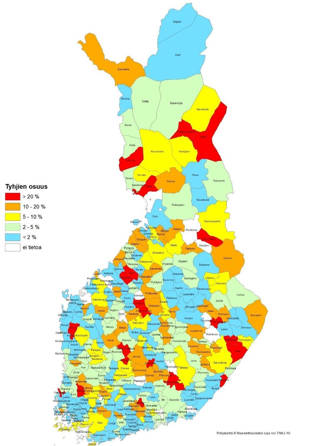 Kuva 5: Tyhjien asuntojen osuus kunnittain 2016