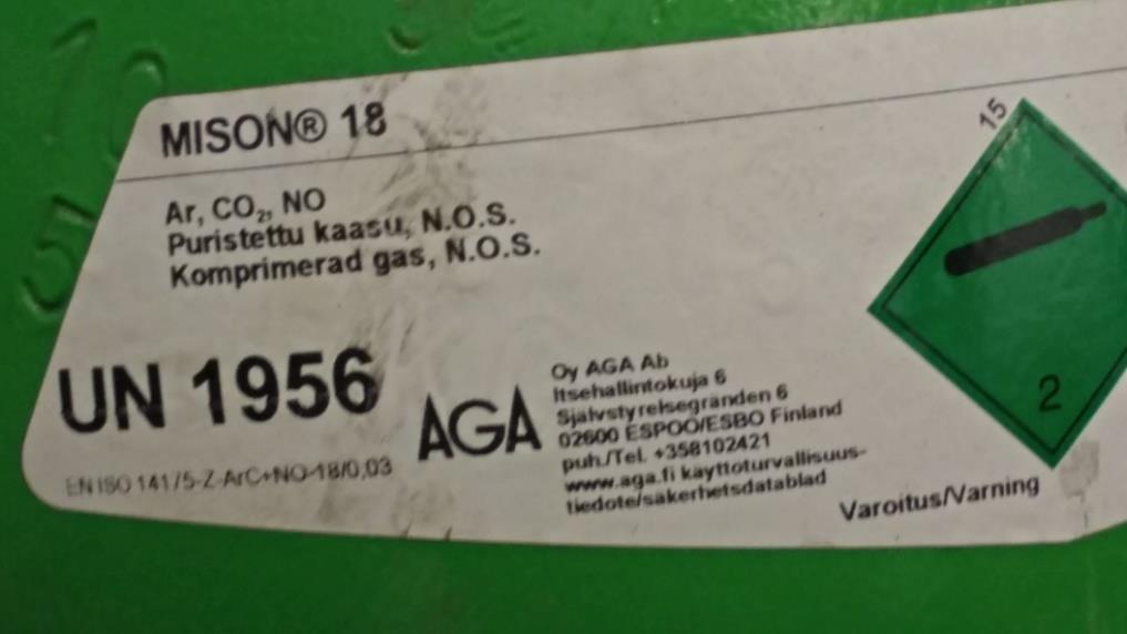 Suojakaasuna CMT:llä toteutetuissa kokeissa käytettiin MISON 18 suojakaasua, mikä luokitellaan standardissa SFS-EN ISO 14175-Z-ArC+NO-18 luokkaan (kuva 30).