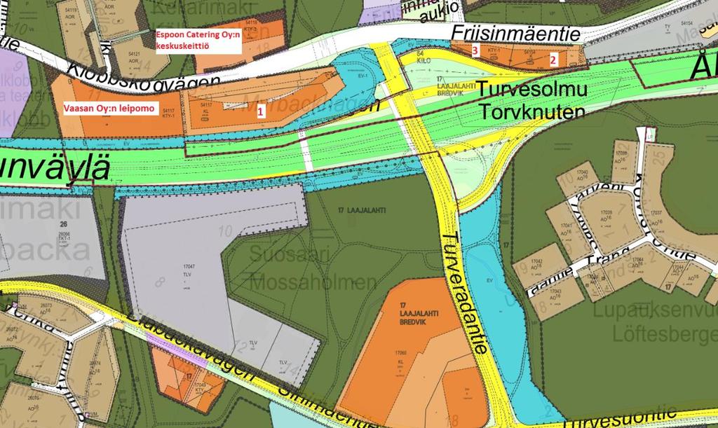 Ajantasakaava Turvesolmun risteysalueella Lähde: Espoon kaupungin karttapalvelu 11.5.