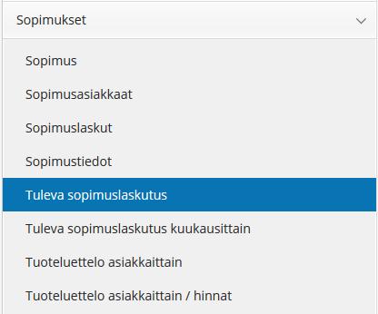 Tallennetut sopimusrivit näkyvät ruudun keskiosassa, jolloin yhteensä riville loppusummaksi on tällöin muodostunut ko. laskutusjakson mukaiset summat (= laskun summa).