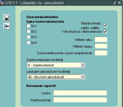 SOPIMUSLASKUTUS Sopimuslaskutus Sopimuslaskutus Perustiedot Valitse Laskujen jaksotuksen tositelajiksi kirjanpidon tositelajien määrityksiin perustettu tositelaji myynnin