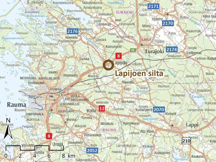 7 2 Lähtötiedot 2.1 Museosillan sijainti Lapijoen museosilta sijaitsee Eurajoen kunnan Lapijoen kylässä (kuva 1).
