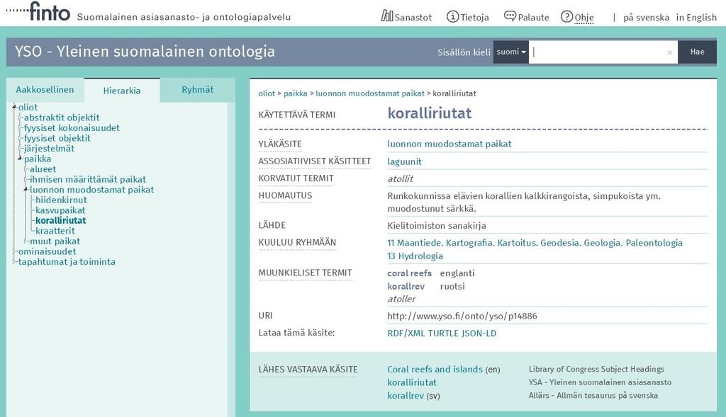 Kuva 2. YSOn käsite koralliriutat Finton käsitenäkymässä.