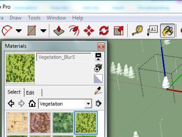 maalaustyökalu Paint Bucket ja Ilmestyvästä Materials ikkunasta Valitse kasvillisuus Vegetation ja Sieltä