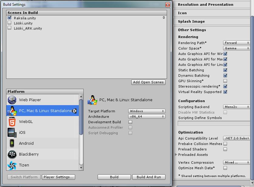 Mallin julkaisu Windows ja Web ympäristöihin Avaa Unity File -> Build Settings ja sieltä - Valitse buildattava malli - Valitse kohdeympäristö (PC, WebGL) - Avaa Player Settings.