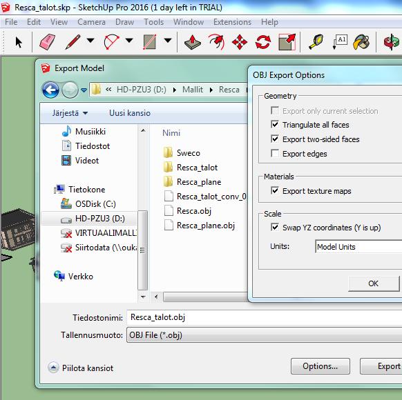 SketchUp tiedoston exporttaus Mapgets:lle SketchUp valikosta avaa: -> File > Export -> 3D model Valitse OBJ tallennusmuoto ja anna tiedostonimi. Avaa Options.