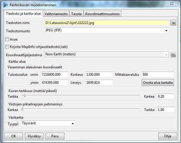 Locus esivalmistelut Jos päivität myös JPG kuvatiedostot avaa Rasterikuvan kirjoitusikkuna: Tiedosto->Kirjoita tiedosto->rasteri Valitse JPEG tiedostomuoto Aseta kuvan tarkkuus vastaamaan ilmakuvan