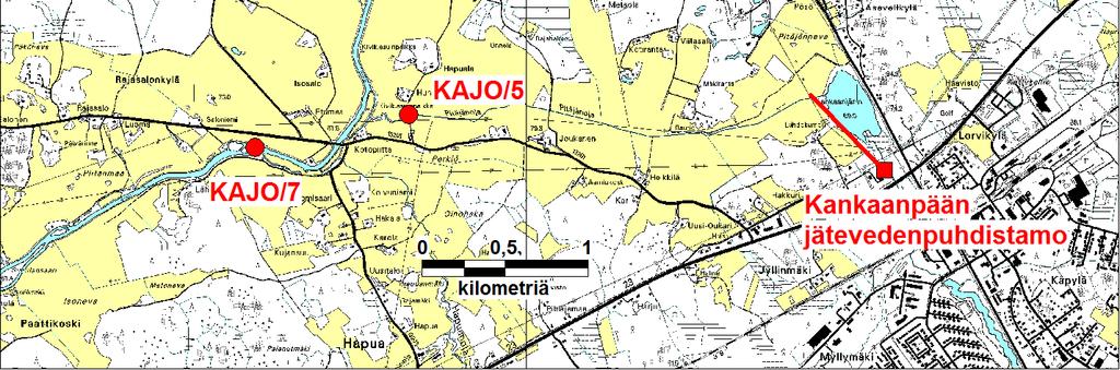 sijaitsevan aseman KAJO/7 (Kuva 7.12). Tälle välille laskee myös Hapuanoja. Vesistön yläosaa ennen Kankaanpäätä kuormittavat mm.