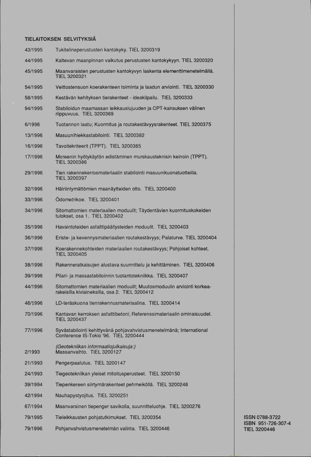 TIELAITOKSEN SELVITYKSIÄ 43/1995 Tukitelineperustusten kantokyky. TIEL 3200319 44/1 995 Kaltevan maanpinnan vaikutus perustusten kantokykyyn.