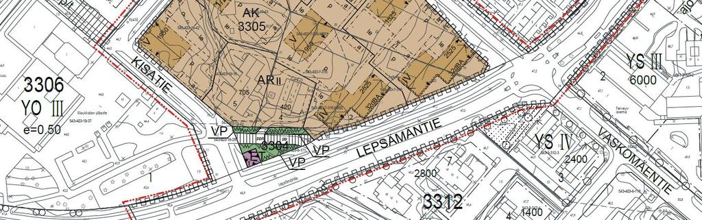muutetaan asuinkerrostalojen kortteli-alueeksi (AK). Korttelin 3305 tonttien 4 ja 5 kaavamerkintä AR säilyy ennallaan. Puisto ja katualuetta muutetaan korttelialueeksi.