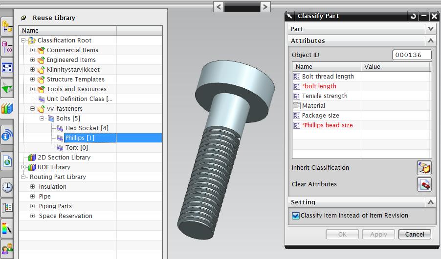 33 Kuva 14. 3D mallin luokittelu NX ohjelmistolla. Myös komponenttien lisääminen kokoonpanoon onnistuu Reuse Libraryn avulla.
