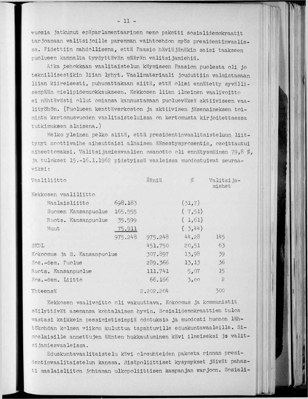 - 11 - t vuosa.latlcunut epäparlamentaarnen meno pakott sosaldemokraatt tar.loamaan valts.lolle paremman vahtoehdon myös presdentnvaalssa. Pdettn mahdollsena^ että Paaso hävä.