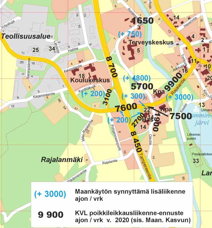 8 Kuva 6. Vuodelle 2020 ennustetut KVL- poikkileikkausliikennemäärät (ajon / vrk. Sisältää maankäytön synnyttämän lisäliikenteen.