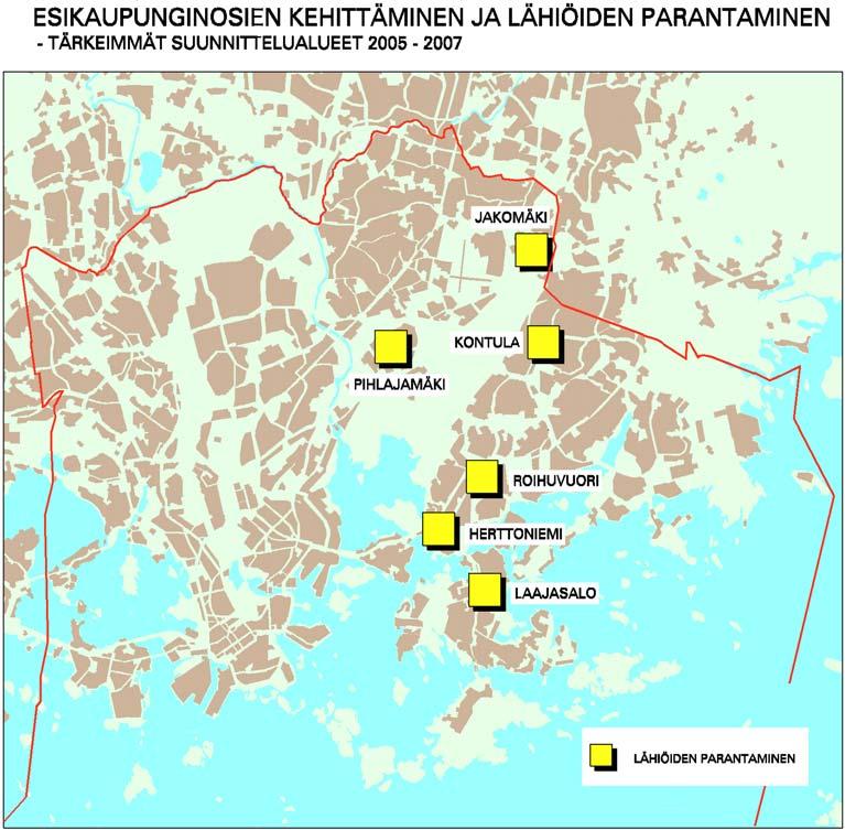 14 (20) Esikaupunginosien kehittäminen ja lähiöiden parantaminen Suunnittelussa painotetaan lähiöitten parantamista ja olemassa olevien alueiden kehittämistä ja täydennysrakentamista sekä