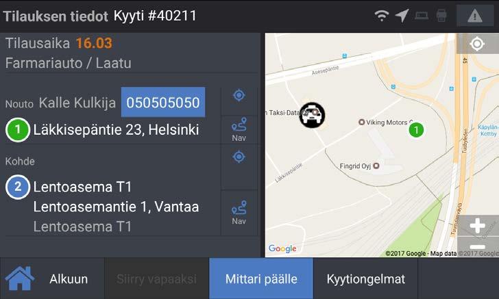 Tilauksen tiedot Näytöltä näet kaikki hyväksymäsi tilauksen tiedot ja osoitteen sijainnin kartalla. Ajotilanne Näet lähimpien taksiasemien ja alueiden auto- ja tilausmäärät.
