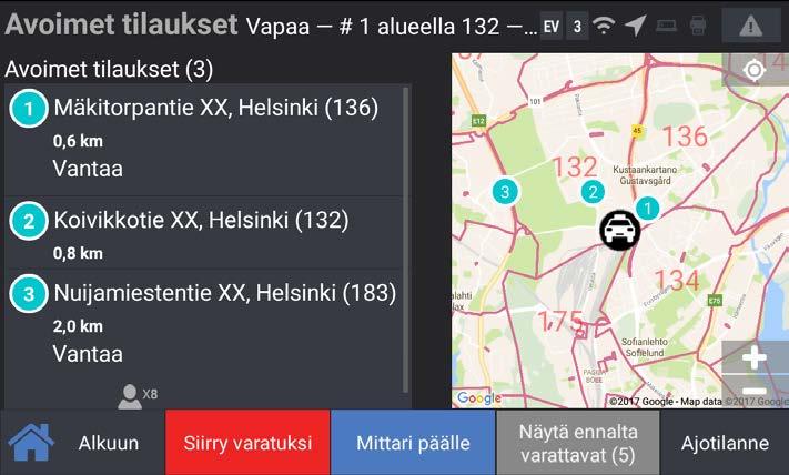 Avoimet tilaukset Jos johonkin tilaukseen ei löydy autoa osoitteen hakualueelta, tulee se tarjolle avoimiin tilauksiin. Sinua lähin tilaus näytetään ensimmäisenä.