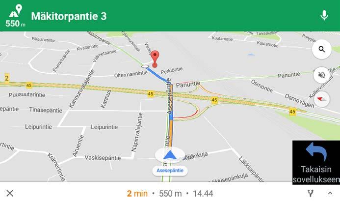 Navigointi Google Maps -sovellukseen pääset alkunäytöltä [Navigoi] -painikkeella, tai suoraan tilauksen tiedoista -kuvakkeella.