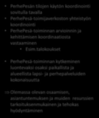 koordinointi sovitulla tavalla PerhePesä-toimijaverkoston yhteistyön koordinointi PerhePesä-toiminnan arvioinnin ja kehittämisen koordinaatiosta vastaaminen Esim.