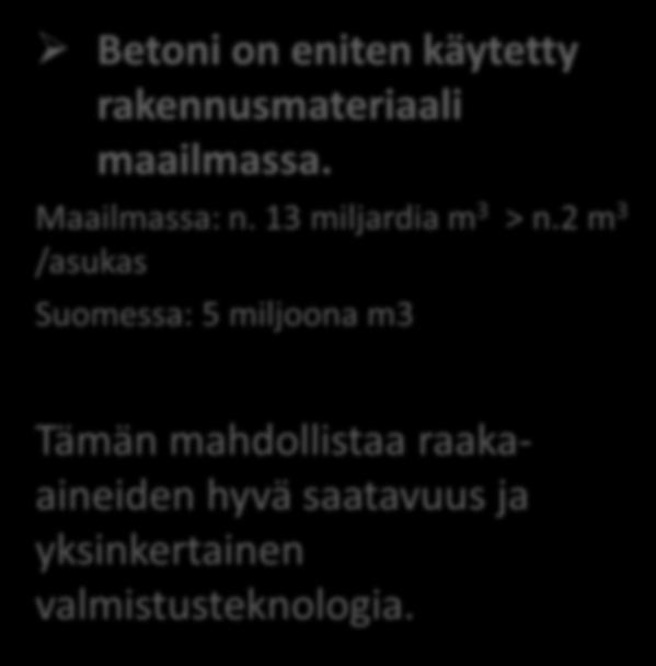 taideteoksia. Betoni on eniten käytetty rakennusmateriaali maailmassa. Maailmassa: n. 13 miljardia m 3 > n.