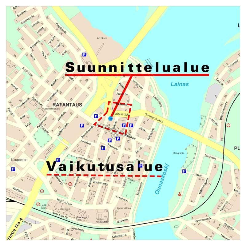 2 Suunnittelualue ja vaikutusalue Suunnittelualue sijaitsee Rovaniemen ydinkeskustassa osoitteissa Rovakatu 36 ja 38.