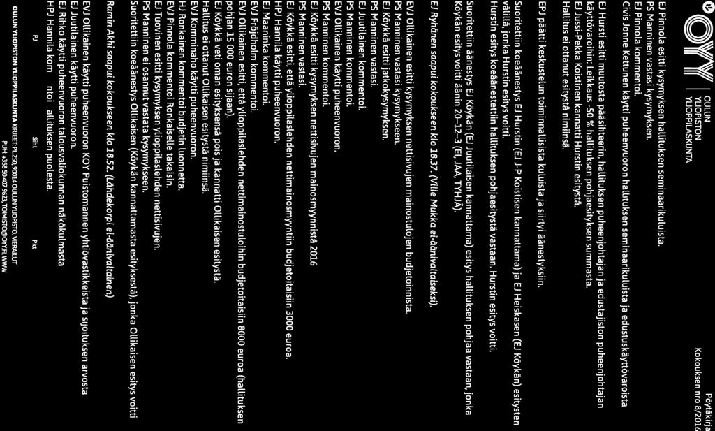 O I5&/IAI/I OULUN Pöytäkirja Ji ( YUOPISTON Kokouksen nro 8/2016 J(( II II YLIOPPILASKUNTA Ei Pinnota esitti kysymyksen hallituksen seminaarikuluista. PS Manninen vastasi kysymyksen.